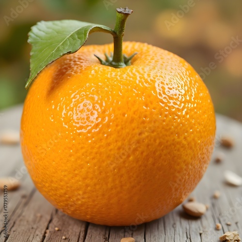 Whole orange on wooden table