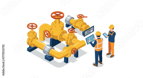 Engineering team monitors industrial pipeline with control panels in isometric style