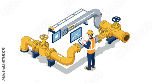 Industrial engineer analyzing pipeline in isometric style