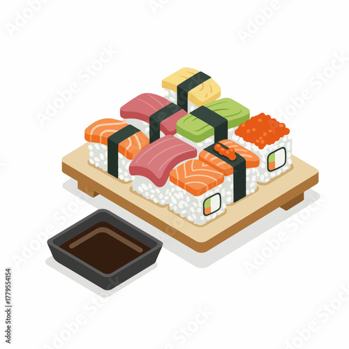 Isometric Delicious Sushi Nigiri with Soy Sauce on Wooden Plate Food