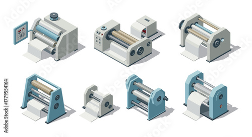 Isometric paper cutting machines collection modern industrial equipment set