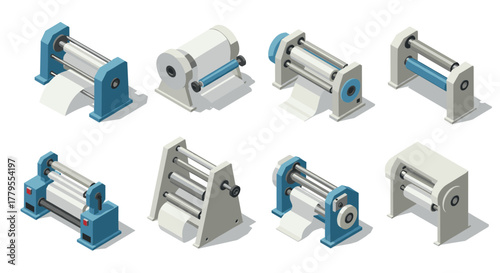 Isometric set of industrial paper machines and rollers on white background