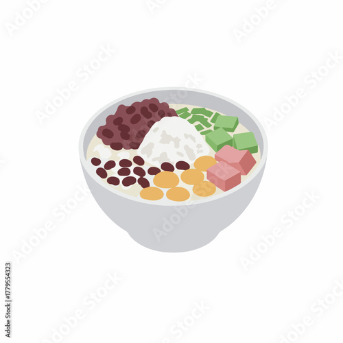 Flat Illustration of Es Campur, Indonesian Ice Dessert with Various Toppings