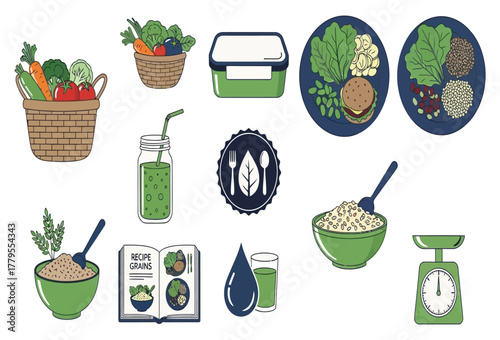 Healthy food vector illustration set including fresh vegetables grains and balanced meals ideal for nutrition and wellness content