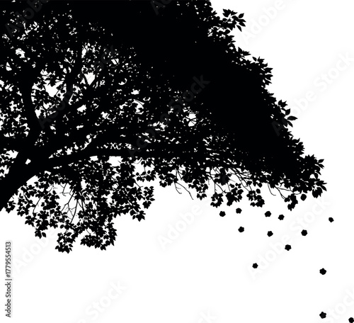 Minimalist black and white vector illustration of a tree silhouette with leaves falling, representing autumn, change, and the cycle of nature