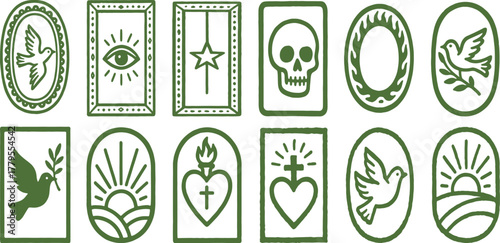 A collection of symbolic green outline illustrations featuring doves, an all-seeing eye, star, skull, sacred heart, and sunrise within various ornate frames.