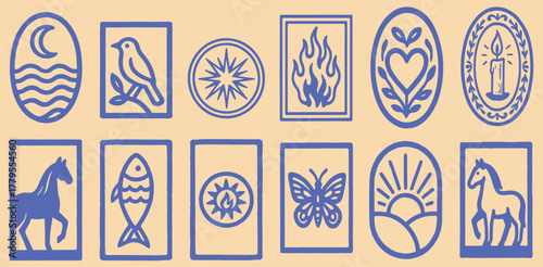 Collection of hand-drawn stylized blue line art icons featuring various natural elements and symbolic representations in a minimalistic folk art style