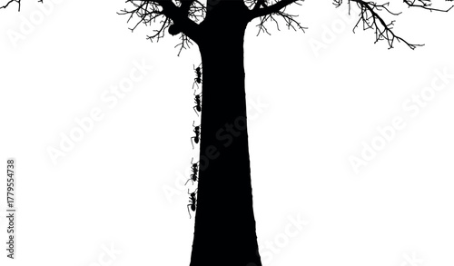 Black and white vector silhouette of a colony of ants climbing a large bare tree, symbolizing teamwork, persistence, and strength in nature
