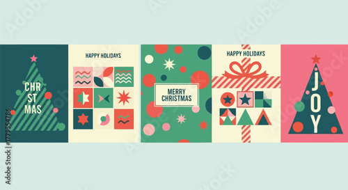 Vector illustration of collection of five festive christmas and happy holidays greeting cards with geometric patterns, trees, and gift boxes
