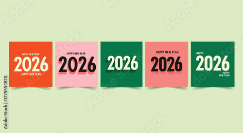 Vector illustration of happy new year 2026 text in different colors and styles on a light green background, celebrating the upcoming year with festive typography