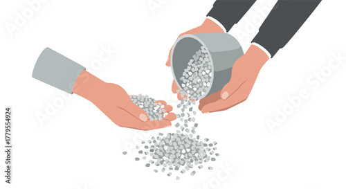 Recycling concept with two hands holding and pouring granules in flat style