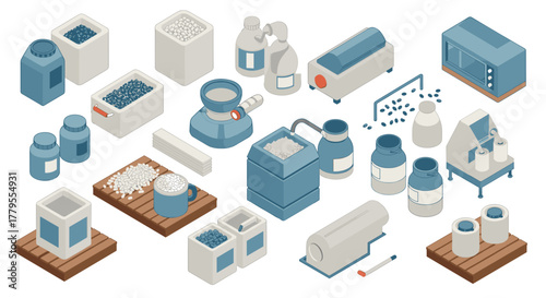Isometric plastic production objects set with machines and containers in blue and white