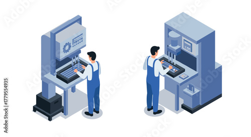 Isometric factory worker operating industrial machinery in blue overalls