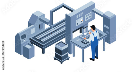 Modern isometric factory industrial worker operating advanced machinery