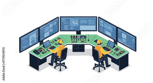 Isometric control room with operators overseeing multiple monitors and equipment