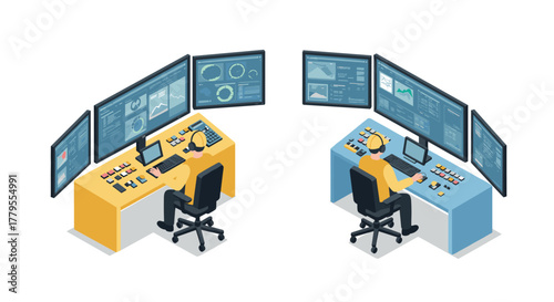 Control room professionals at work with advanced monitoring systems in isometric design