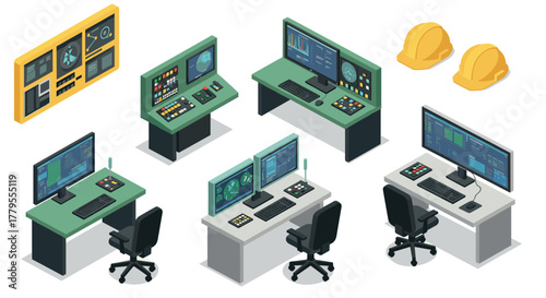 Control room isometric set with desks, monitors, and safety helmets