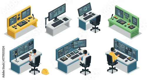 Isometric control rooms with operators monitoring data on multiple screens