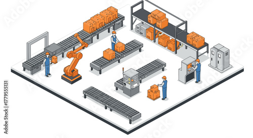 Automated warehouse with robots and workers in isometric style