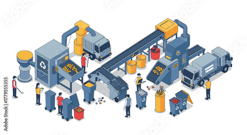 Waste management and recycling process in isometric style with conveyor systems and workers