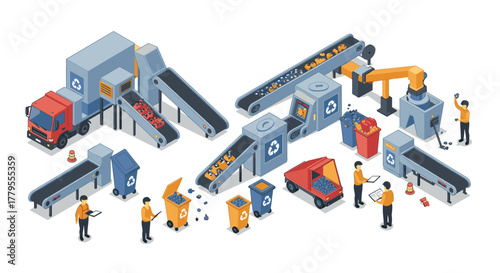 Isometric recycling plant with conveyor belts and workers in safety gear