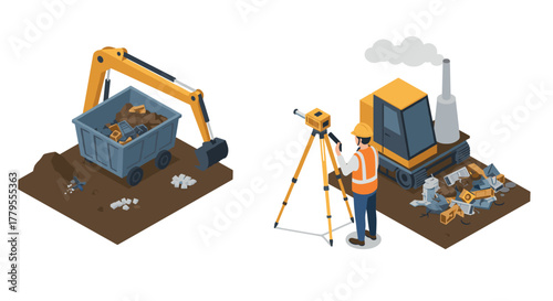 Construction site with excavator and surveyor in isometric design