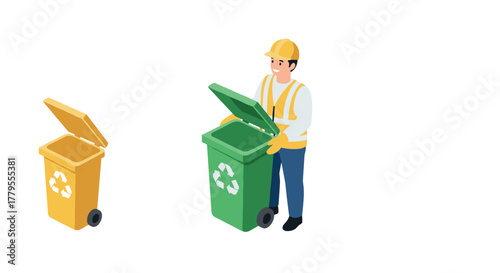 Isometric recycling worker handling waste management bins