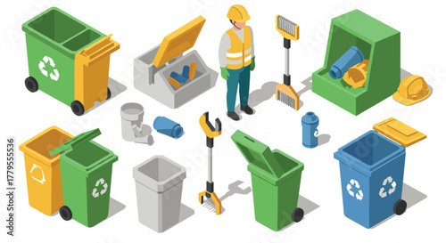 Isometric recycling equipment and worker with bins and tools