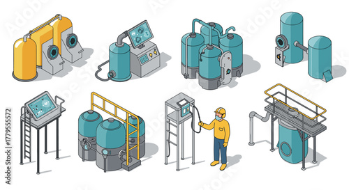 Industrial equipment and worker in isometric style for modern manufacturing