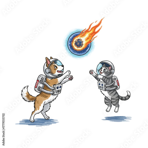 Adorable dog and cat astronauts reaching for a fiery comet together in outer space vector on isolated  white background.