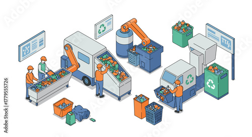 Waste management isometric concept with recycling machines and workers
