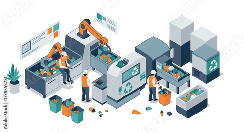 Automated recycling facility with robots and workers in isometric style