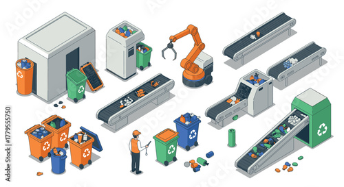 Isometric automated recycling station with conveyor belts and sorting robot