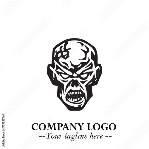 Head of Zombie Logo Symbol in Black on the White Background with Horror Minimal Vector Design