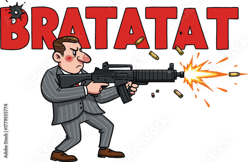 Cartoon businessman in gray pinstripe suit firing automatic rifle with muzzle flash, bullet casings, comic sound effect BRATATAT, cad drawing flat vector illustration
