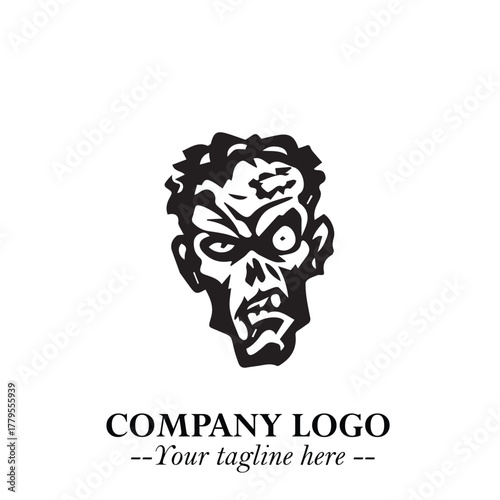 Head of Zombie Logo Symbol in Black on the White Background with Horror Minimal Vector Design