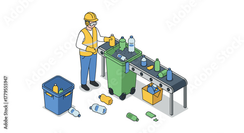Worker sorting recycling materials on conveyor belt in isometric design