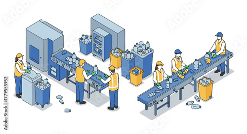 Isometric recycling process with workers sorting plastic bottles on conveyor belt