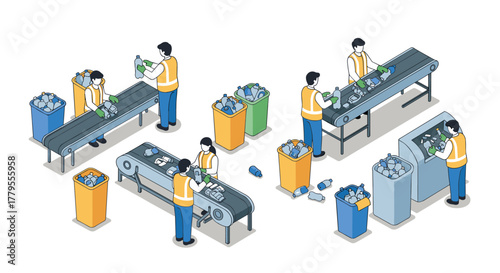 Isometric recycling process workers sorting plastic on conveyor belt