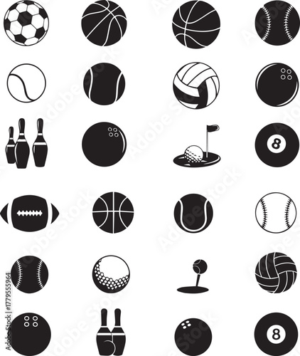Sports ball and equipment silhouette icon set isolated on a transparent background.