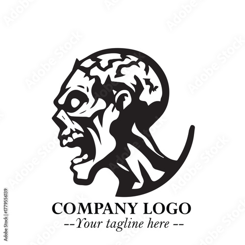 Head of Zombie Logo Symbol in Black on the White Background with Horror Minimal Vector Design