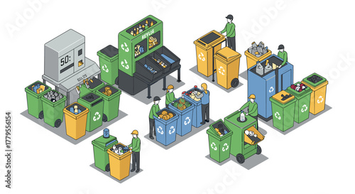 Isometric recycling process with workers and sorting bins