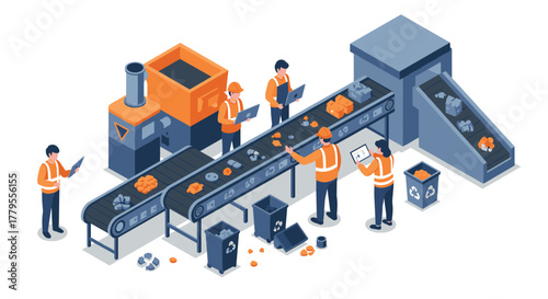 Modern isometric recycling plant with workers on a conveyor belt