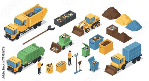 Isometric waste management trucks, containers, and equipment