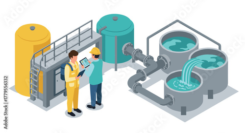 Isometric water treatment plant with engineers discussing on site