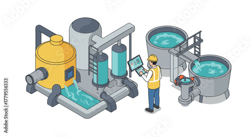 Isometric water treatment plant with worker using digital touchscreen technology