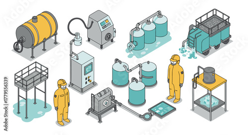 Isometric industrial process with machinery and workers in safety gear