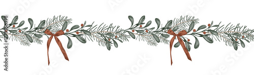 Horizontal seamless border with hand drawn illustration of green branch of fir tree and holly with red berry. Frame with red bows for New year or Christmas design in muted tones
