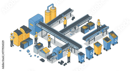 Recycling process in isometric factory setting with conveyor belts and workers