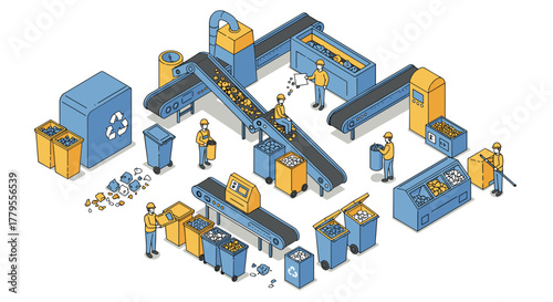 Isometric recycling plant operations with workers and conveyor systems